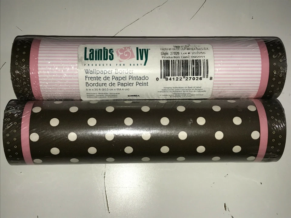 Nuevo par de bordes de papel tapiz prepasado marrón/rosa lunares bebé corderos e hiedra niñas Foto 2 de 2