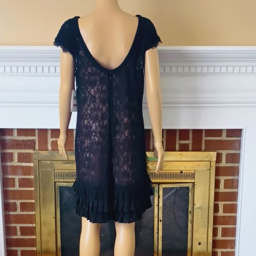 Black Lace Ruffle Hem Dress L Julia Jordan Sheer V Back Cap Sleeve Cocktail - Picture 3 of 10
