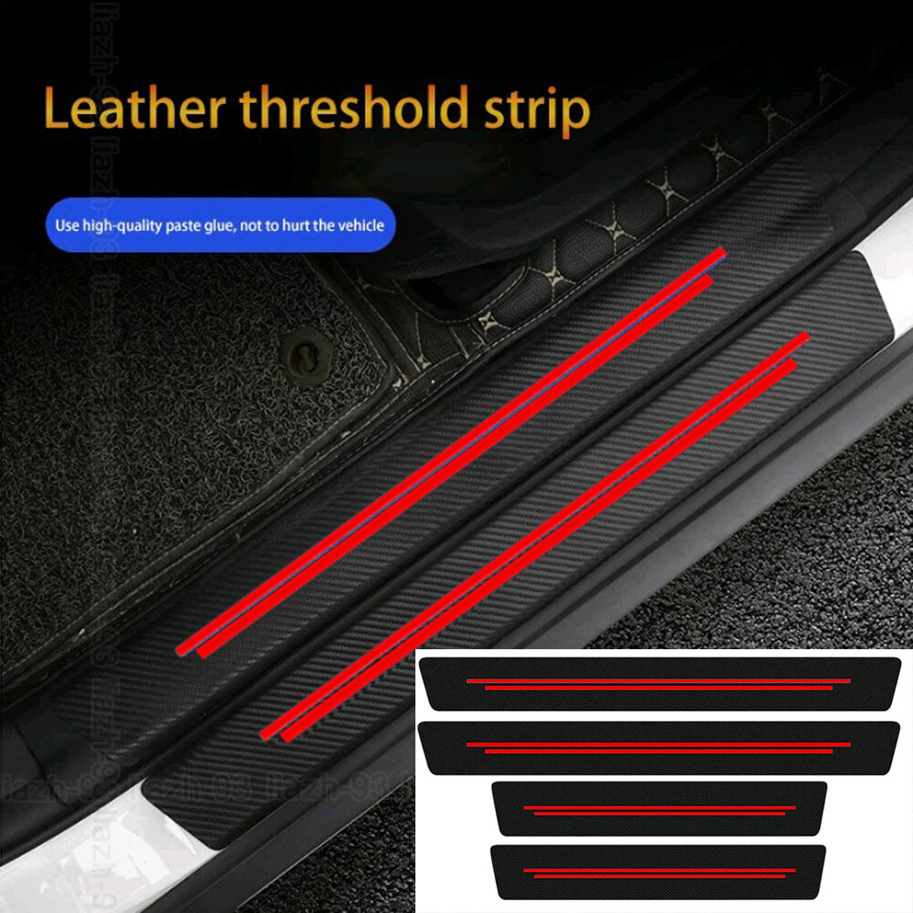 4pcs Carbon Fiber Car Door Sill Scuff Plate Decals Protector Stickers Guards Red