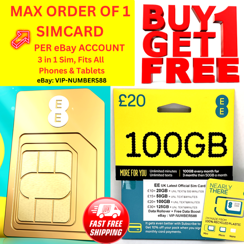 EE Sim Card Pay As You Go Pack 100GB DATA £20 Unlimited SMS Mini Micro
