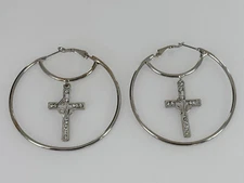 Baby Phat With Cross & Circle Rhinestone Silver Jumbo Hoop Pair Earrings