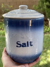 Antique primitive stoneware salt glaze blue & white jar canister crock farmhouse