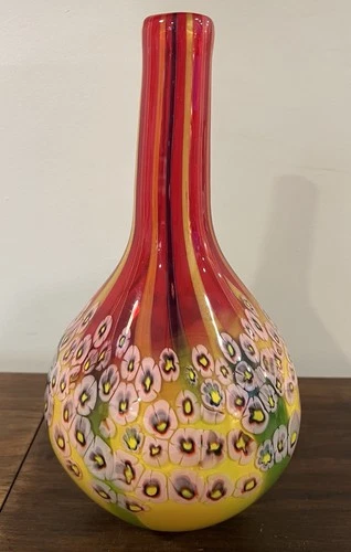 Millefiore Handblown Red Glass Tall Vase "Murano Fratelli Toso" Style Art VTG