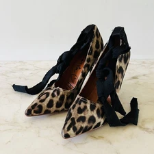 2010 LANVIN x H&M Leopard Print Ribbon Rhinestone Heeled Pumps - EUR 37  / US 6