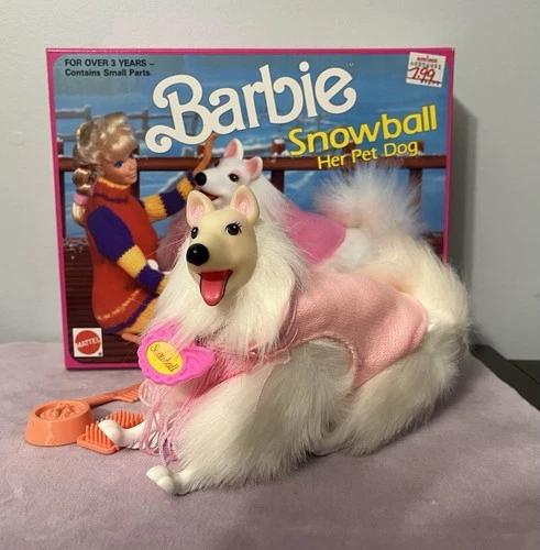 VINTAGE BARBIE PET DOG: SNOWBALL, MIB, Fluffy White, All Accessories  🥰 SO CUTE