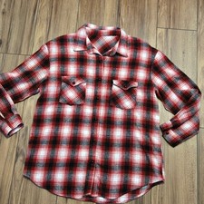 Womens Red Black White Plaid Flannel Button Up Shirt Long Sleeve Casual Top L