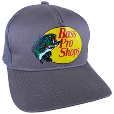 Bass Pro Shops Gone Fishing Trucker Hat Mens Gray Mesh Back Snapback Adjust Cap