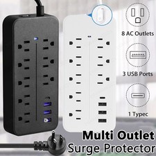Wall Mountable USB Surge Protector Power Strip with USB Ports 8-Outlet Plugs USA