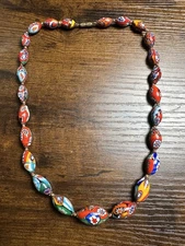 Vintage Murano Millefiori Venetian Glass Necklace Barrel Clasp Oval beads 18"