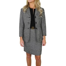 1990s Stephanie Andrews Vintage Black Herringbone Skirt Suit Set Small Formal 2P