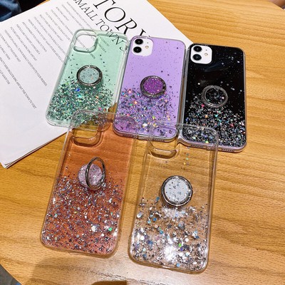For Infinix Tecno Ring Holder Clear Bling Glitter Foil Case Phone Cover Stand