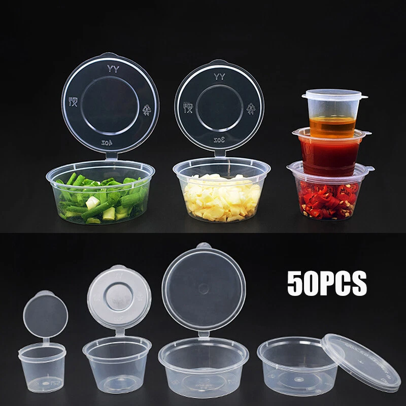 Clear Hinged Lid Plastic Single Use Sauce Containers Cups Pot Tub