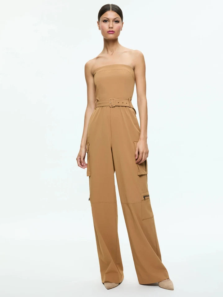 ALICE & OLIVIA (2) SACHIKO STRAPLESS CARGO JUMPSUIT COLOR TAN NWT MSRP$495 - Image 3 of 4