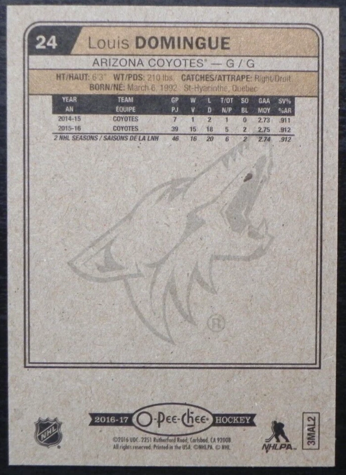 2016-17 16/17 O-Pee-Chee #24 Louis Domingue Arizona Coyotes - Image 2 of 2