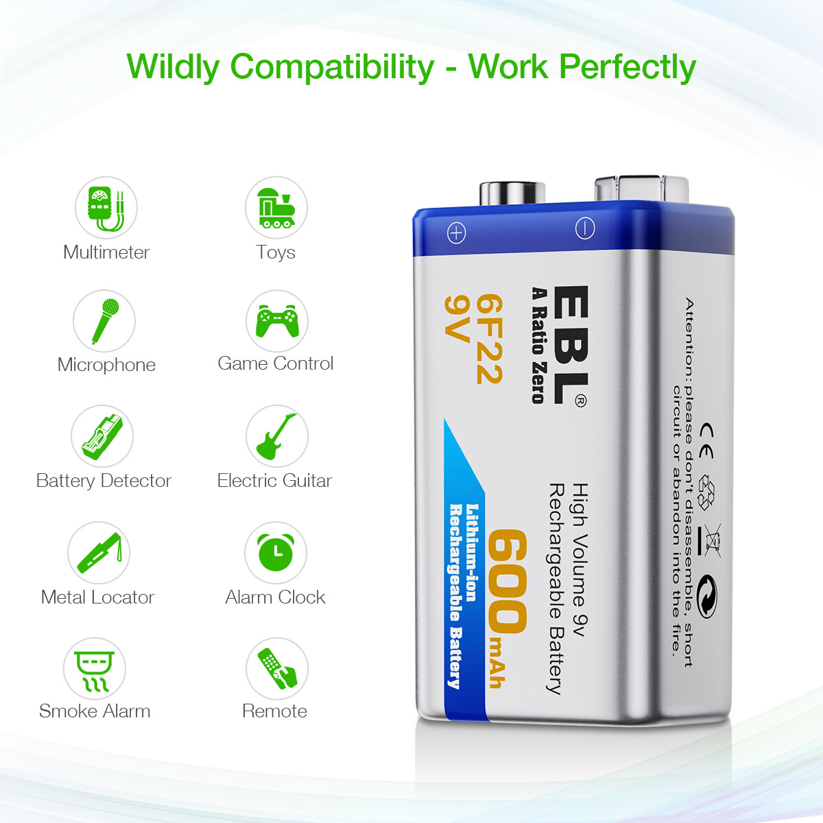EBL 600mAh 9V 6F22 Rechargeable Batteries 9 Volt Li-ion Battery For Toy MIC 1PC