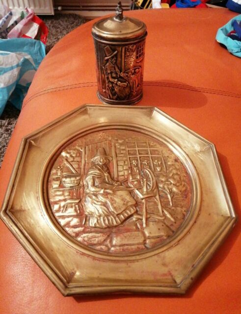 VINTAGE BRASS WELSH LADY DECORATIVE PLATE AND CONTAINER POT CADDY UNUSUAL VINTAGE BRASS WELSH LADY DECORATIVE PLATE AND CONTAINER POT CADDY UNUSUAL