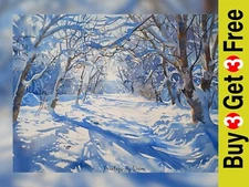 Serene Winter Forest Watercolor Painting Print 5"x7" on Matte Paper
