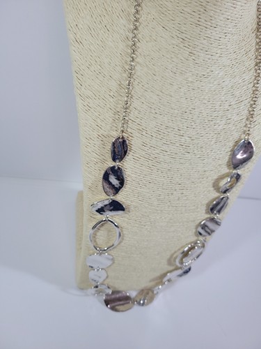 Chico's Silver Tone Hammered Metal Long Necklace Statement Shiny Bold Geometric - Picture 6 of 11