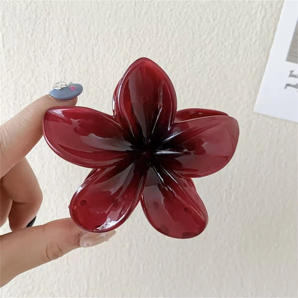 Clip de garra de pelo degradado vino tinto plumeria Frangipani elegante pasador de flores Foto 3 de 4