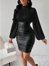 Black Lady Women Elegant Pu Patch Ruched Mini Dress Colorblock Patchwork Dress