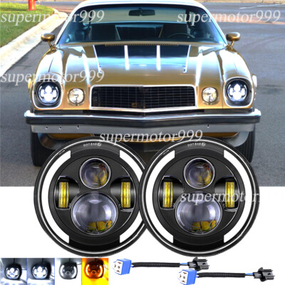 Pair 7 Inch Round LED Headlight Halo DRL HI-LO fit Chevy C10 Camaro Pickup Truck