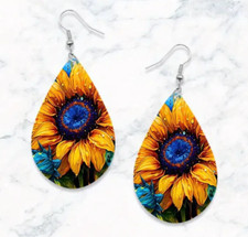 Fashion Wooden Boho Sunflower Pattern Design Water Drop Dangle Earrings Women