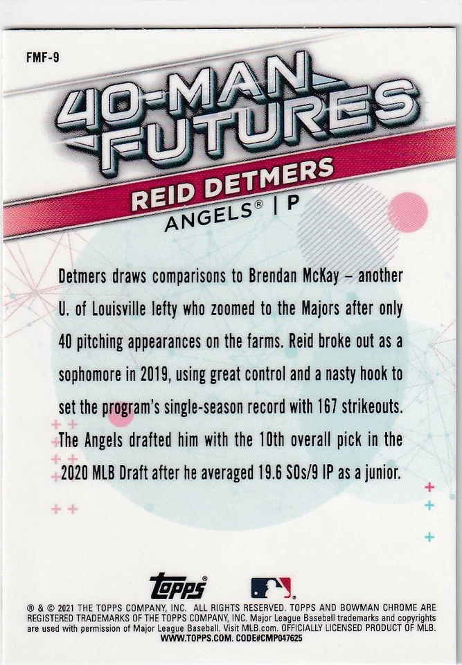 2021 BOWMAN CHROME RC REID DETMERS ANGELS 40 MAN FUTURES INSERTS S5733 - Image 2 of 2