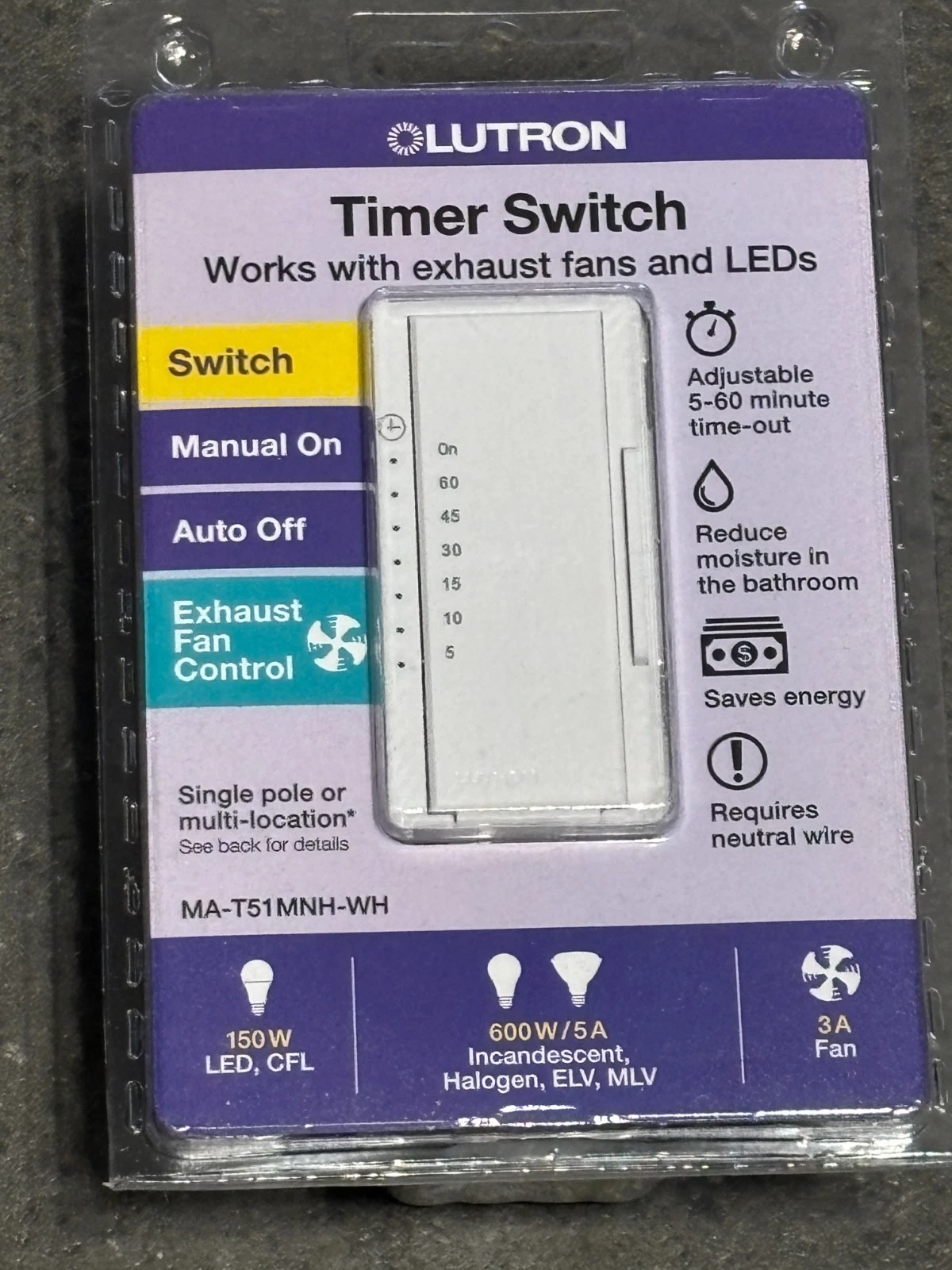 LUTRON Timer Switch - Model MA-T51MNH-WH - Works with exhaust fans and LEDs