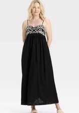 Black Linen Crewel Maxi Dress White Embroidered Resort Bohemian Hippie A New Day