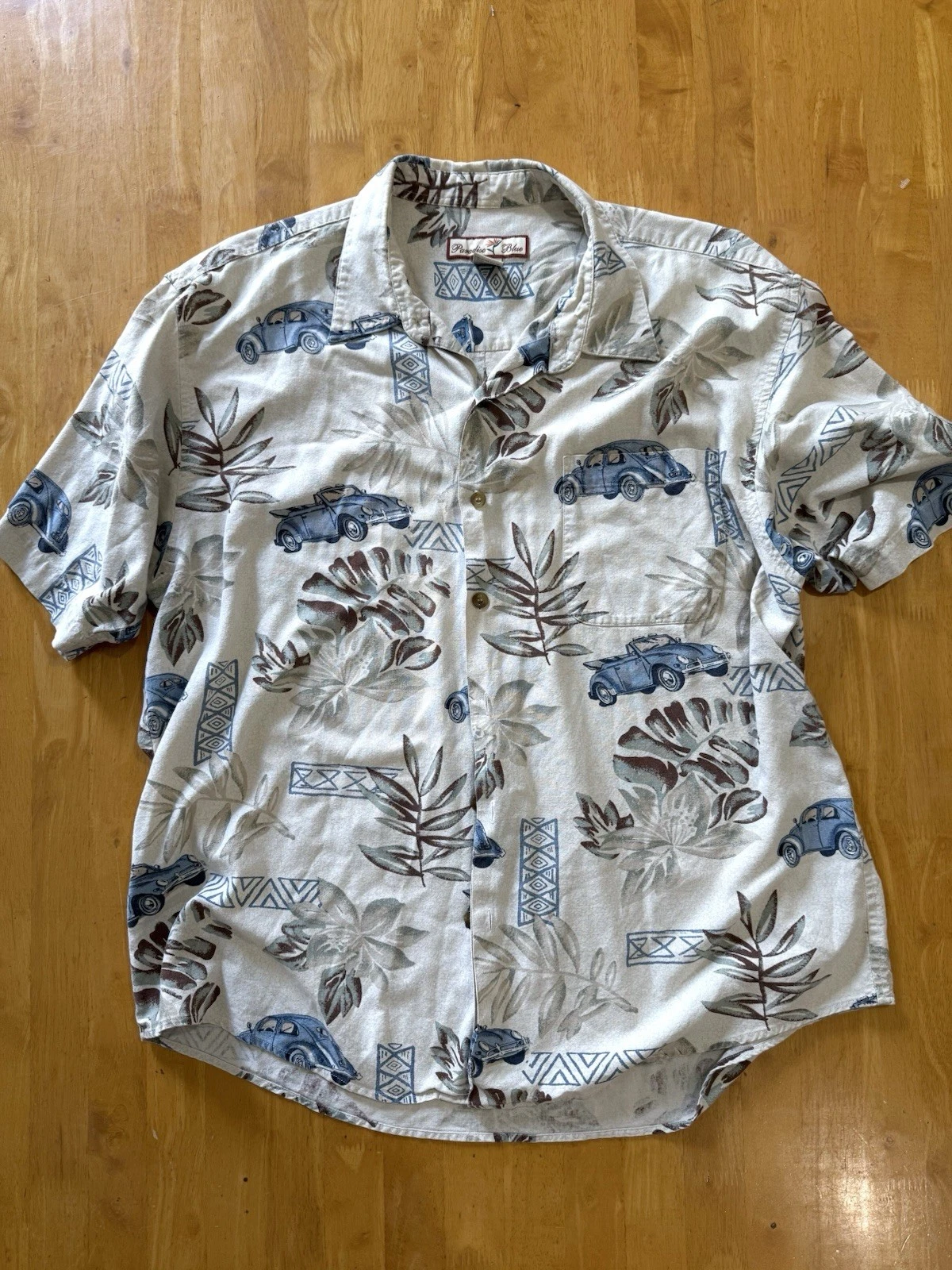 Men’s Short Sleeve Paradise Blue Hawaiian Shirt Silk Cotton Size XL