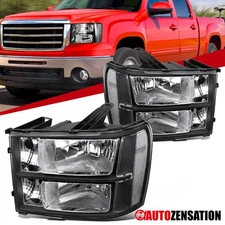 Fit 2007-2014 GMC Sierra 1500 2500HD Black Headlights Headlamps Left+Right 07-14