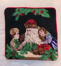 Vintage Needlepoint Wool Old World Santa Pillow Cover 14 x 14" Red Velvet Back