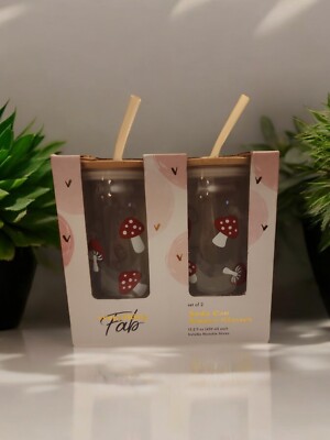 Everything Fab Mushroom Soda Can Sipper Glasses Set Lid Straw NEW