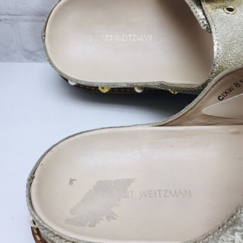 Stuart Weitzman Metallic Gold Slide Sandal Women's 7.5 Pearl Star Studded Flat - Picture 14 of 14