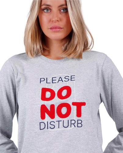 Pyjama Femme Manches Longues Stay At Home Do Not Disturb Col Rond Mêlé Coton - Afbeelding 8 van 8