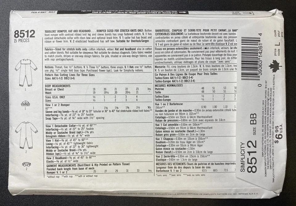 8512 UNCUT ‘Simplicity’ SEWING Pattern - ‘Toddlers Romper, Hat & Headband’ - Image 2 of 3