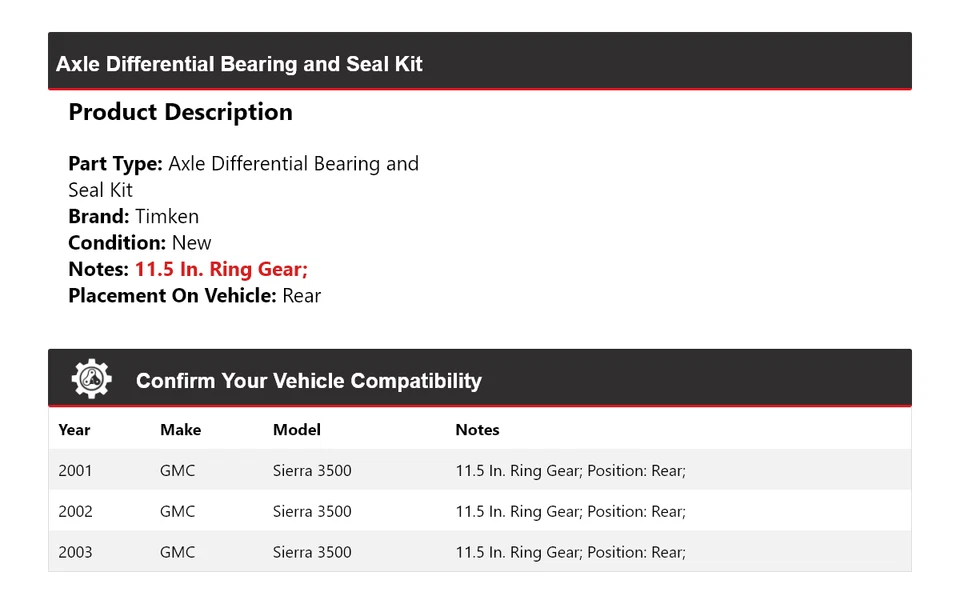 Kit de cojinete y sello diferencial de eje trasero Timken para GMC Sierra 3500 2001-2003 Foto 2 de 3