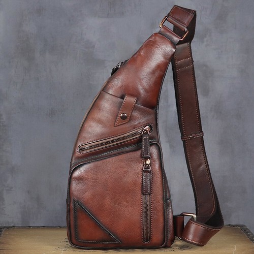 Genuine Leather Sling Bag for Men Real Leather Handmade Chest Crossbody Purse - Picture 13 of 14