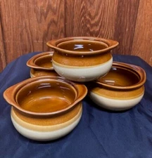ACOPA TABLEWARE FRENCH ONION SOUP/CHILI CROCK BOWLS BROWN & TAN HANDLES SET OF 4
