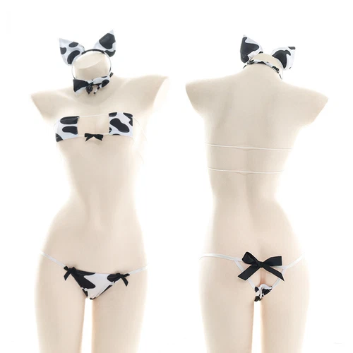 Kawaii Cow Print Bikini Suit Girl Sexy Sleepwear Women Cosplay Headwear Stocking