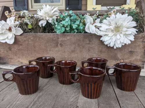 Vintage Monmouth Pottery USA Brown Glaze Ribbed Coffee Mugs (6)
