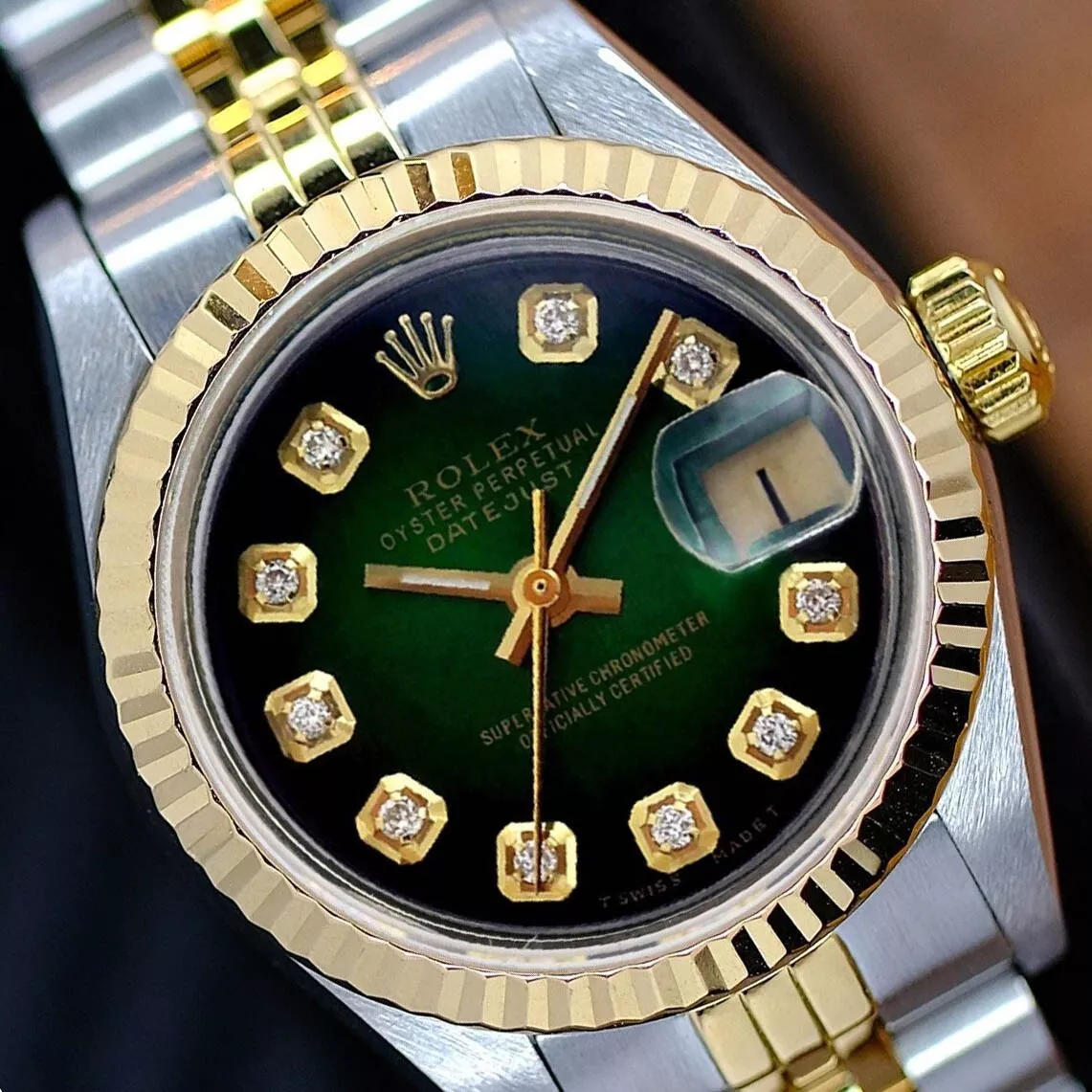 ROLEX LADY DATEJUST 18KY GOLD & STEEL GREEN DIAMOND DIAL FLUTED 26MM WATCH