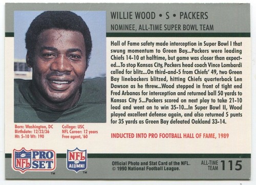 1990-91 Pro Set Super Bowl XXV Silver Anniversary #115 Willie Wood G.B. Packers - Picture 2 of 2