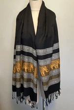 Vintage Pashmina 100% Cashmere Black & Earth Tone Elephant Scarf 70”x28”