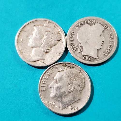 Lot of 3 Silver Dimes, Roosevelt, Barber, Mercury, Silver Coin Coin Lot