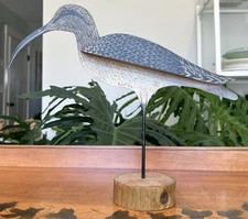 Metal Painted Sandpiper Shorebird Decoy on Wood Stand RJZ 89 Signed Curved Bill