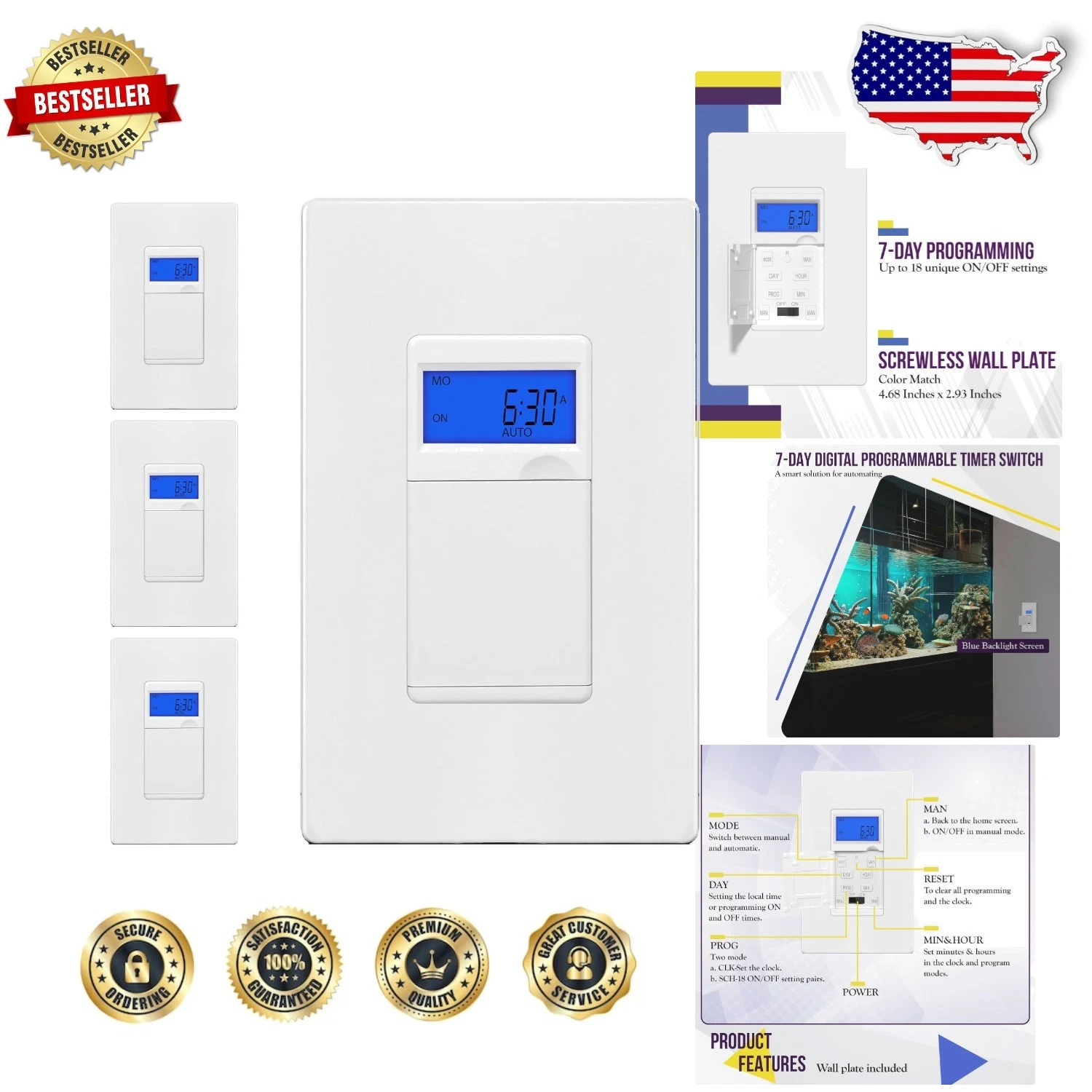 Smart Digital In-Wall Timer Switch 4pk 7-Day 18 On/Off Blue Backlit Programmable
