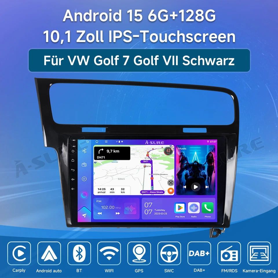 DAB+ 6+128G Android 15 AutoRadio Carplay BT GPS Navi Für VW Golf 7 MK7 2012-2017 - Bild 2 von 4