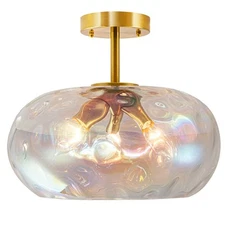 3-Lihgt Gold Semi Flush Mount Ceiling Light Fixtures,Vintage Glass Pendant Light