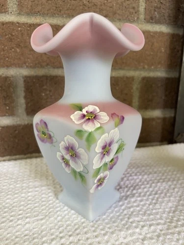 Fenton Blue Burmese Vase Hand Painted USA Signed by Sue Jackson